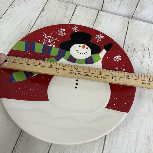 St Nicholas Square Jolly Snowman Round 11” Platter Snowflakes Red White - Picture 3 of 5
